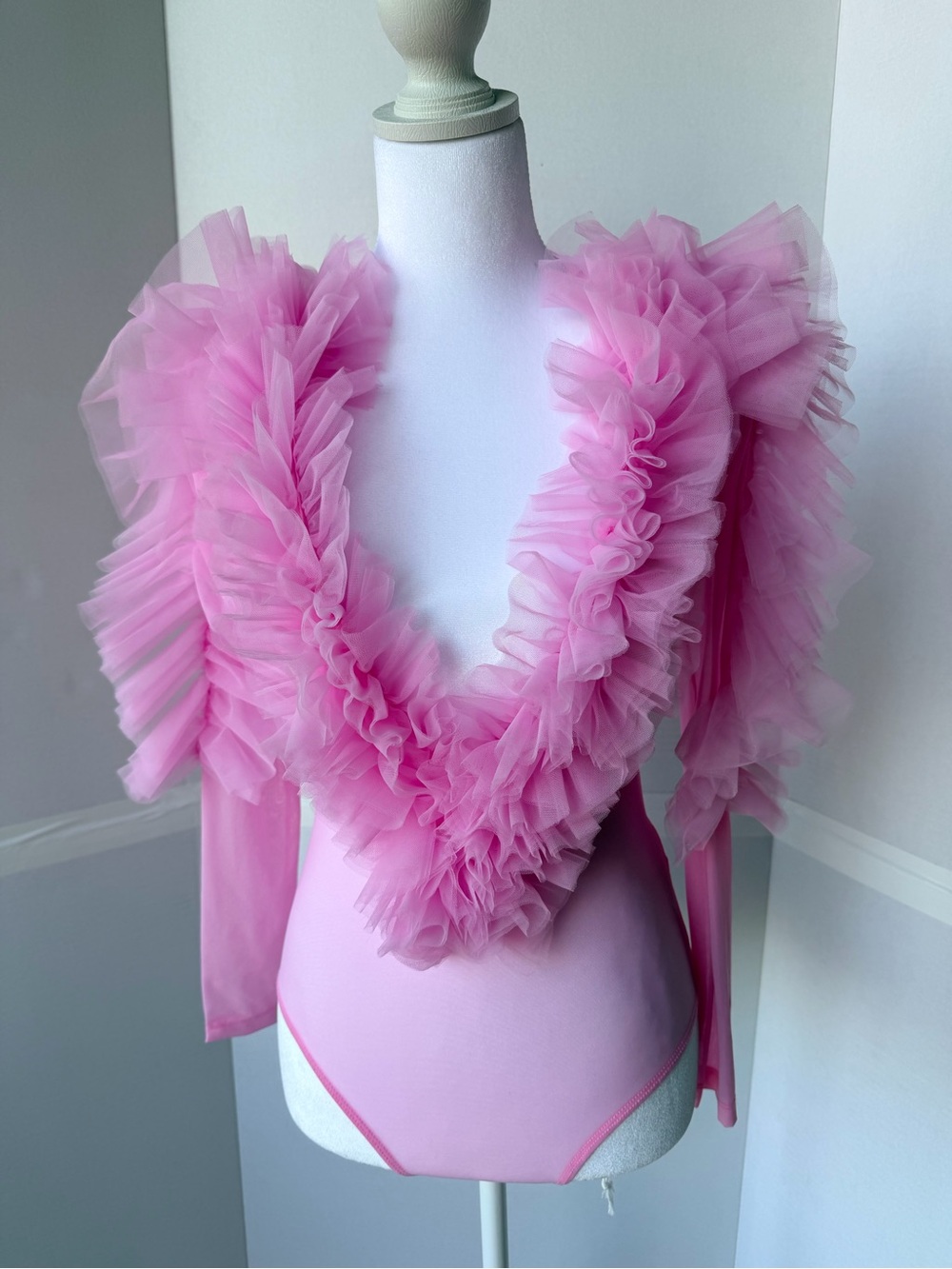 Ruffled Tulle Plunge Bodysuit - Pink